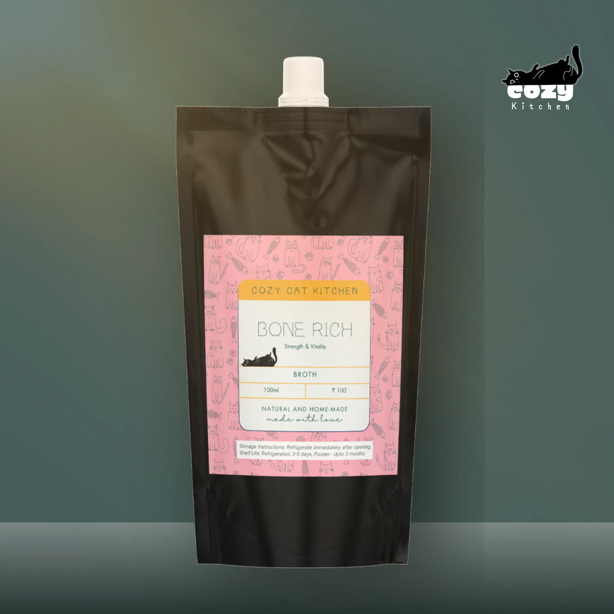 A pouch of Bone Rich bone broth with its pink label