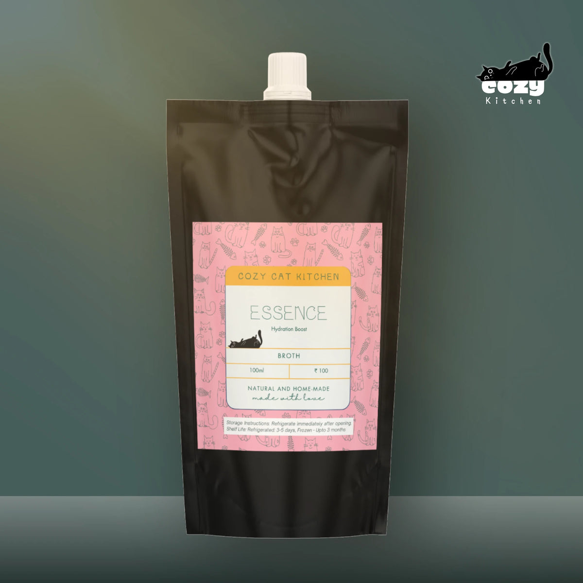 A pouch of Essence chicken broth with its pink label
