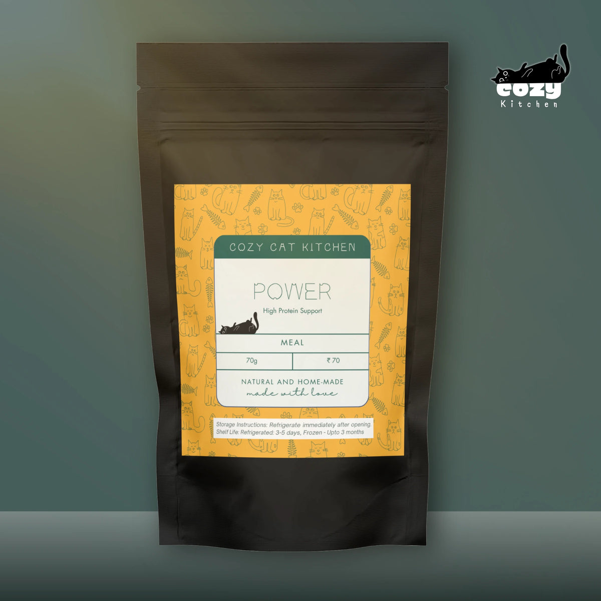 A pouch of Power, a Cozy Cat Kitchen meal