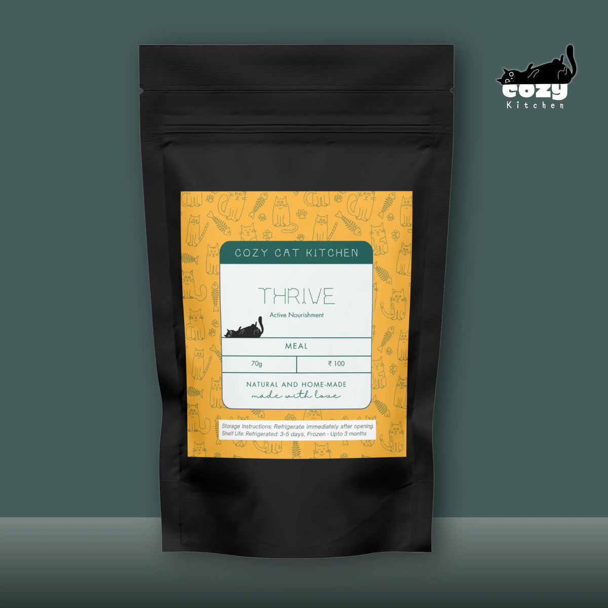 A pouch of Thrive, a Cozy Cat Kitchen meal