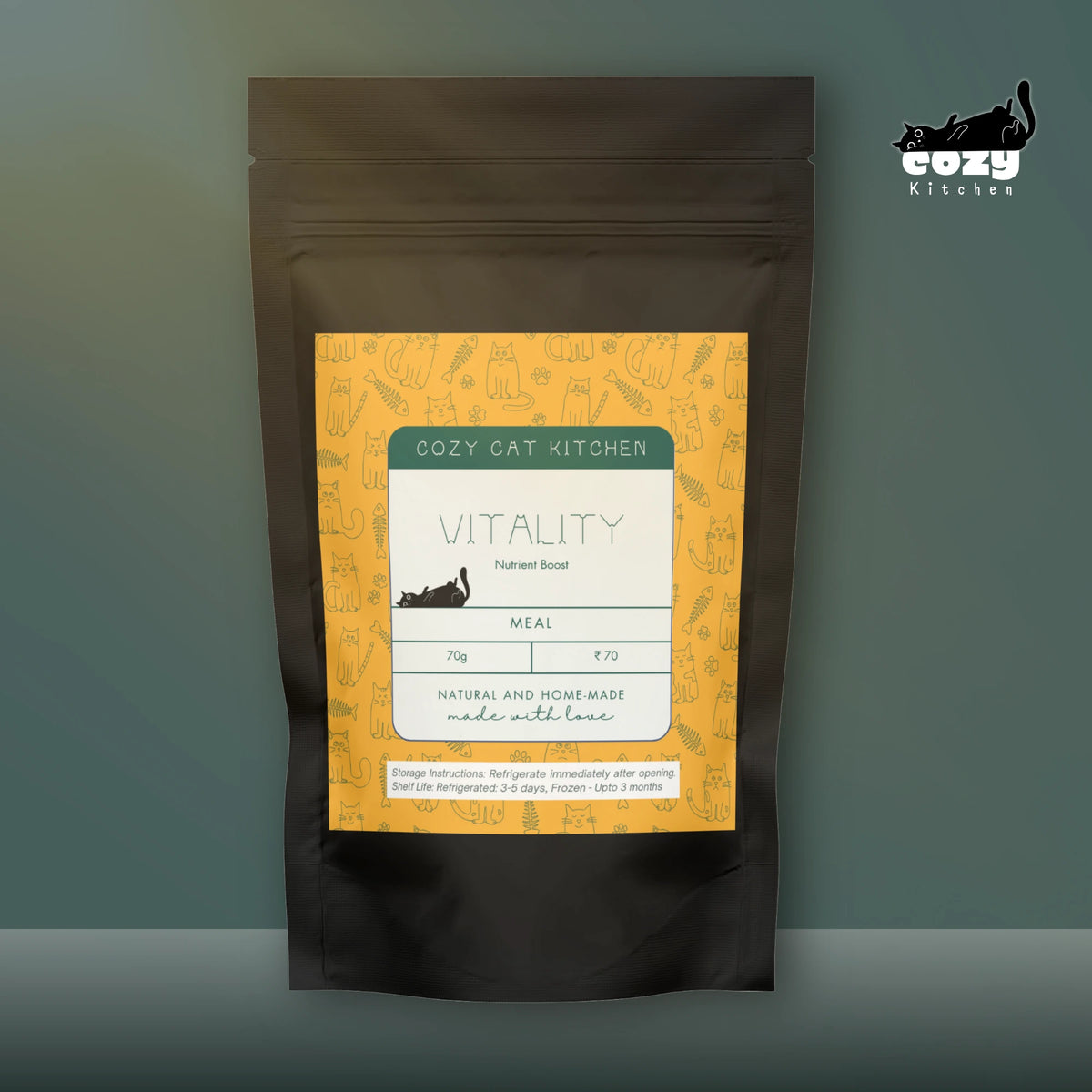 A pouch of Vitality, a Cozy Cat Kitchen meal